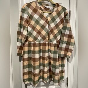 NWOT Serengeti Size L Long Sleeve Sage Pink Check Flannel Button Up Mini Dress
